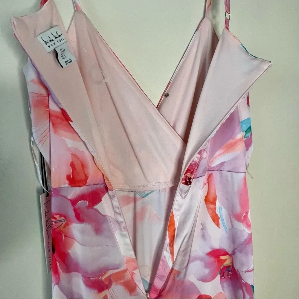 Nicole Miller Floral Dress Maxi Slip Long Sleeveless Satin Silky New Pink Small - Picture 12 of 14
